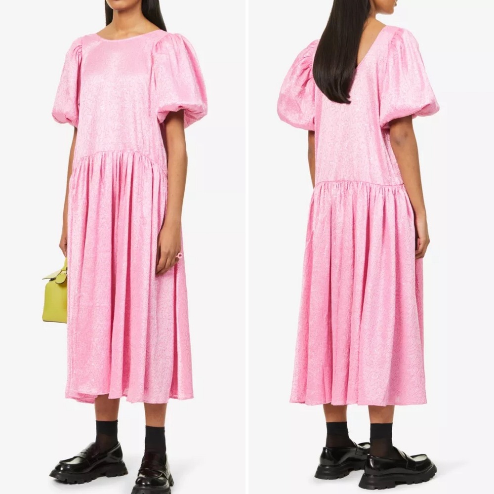 Stine Goya‎ Amelia Dress XS pink sequin puff sleeve shimmer drop waist